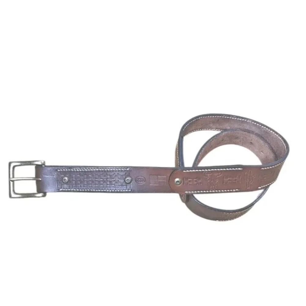 Vintage Western Texan Ranger Leather Belt Sq Brass Buckle Men 34-42 Width 1.5